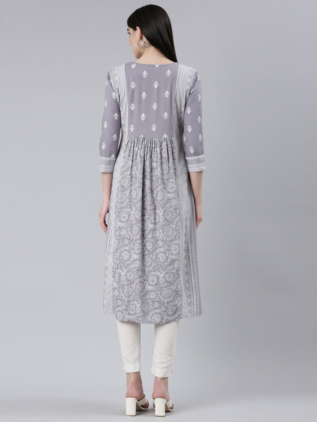 Neerus Grey cotton printed straight kurti - side view