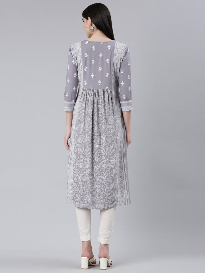 Neerus Grey cotton printed straight kurti - side view