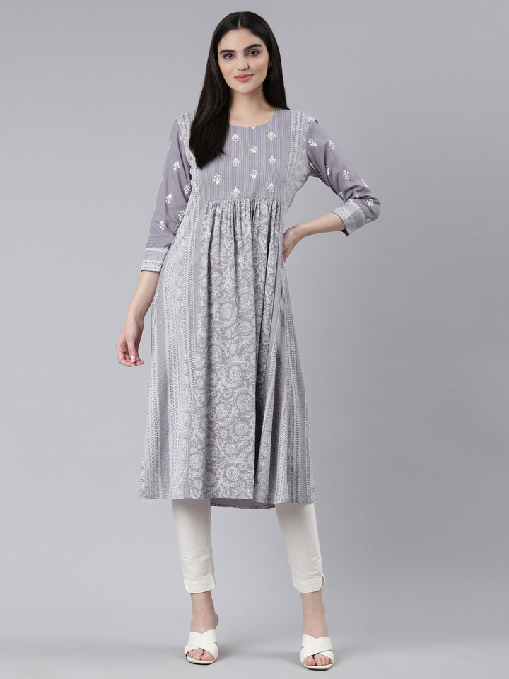 Neerus Grey cotton printed straight kurti - detail view 2