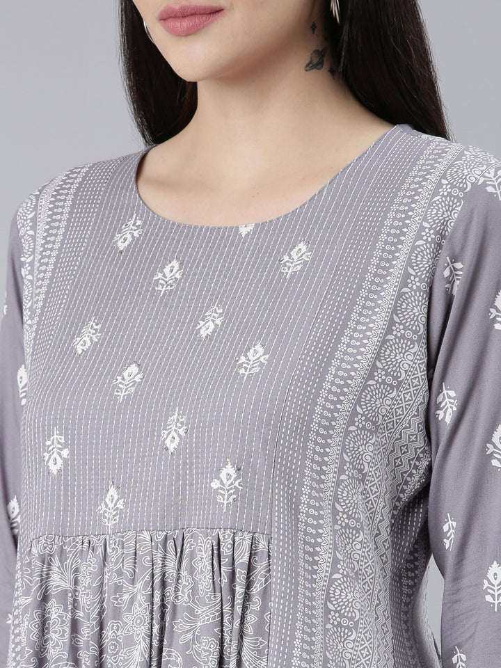 Neerus Grey cotton printed straight kurti - detail view 1