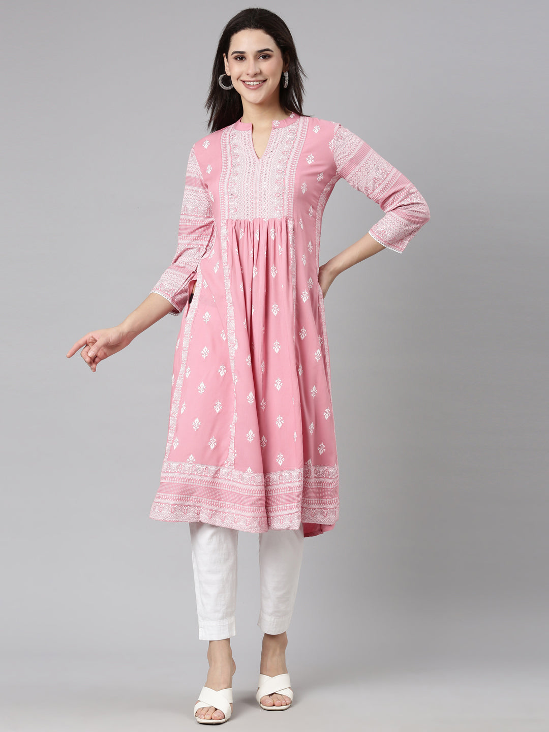 Neerus Pink jacquard woven straight kurti - front view