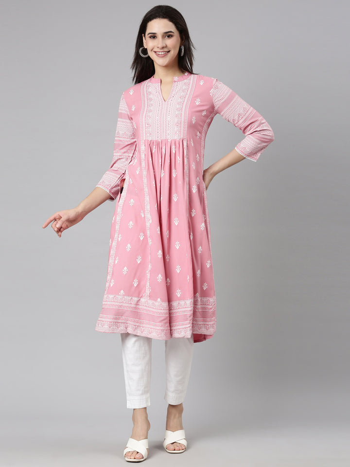 Neerus Pink jacquard woven straight kurti - front view