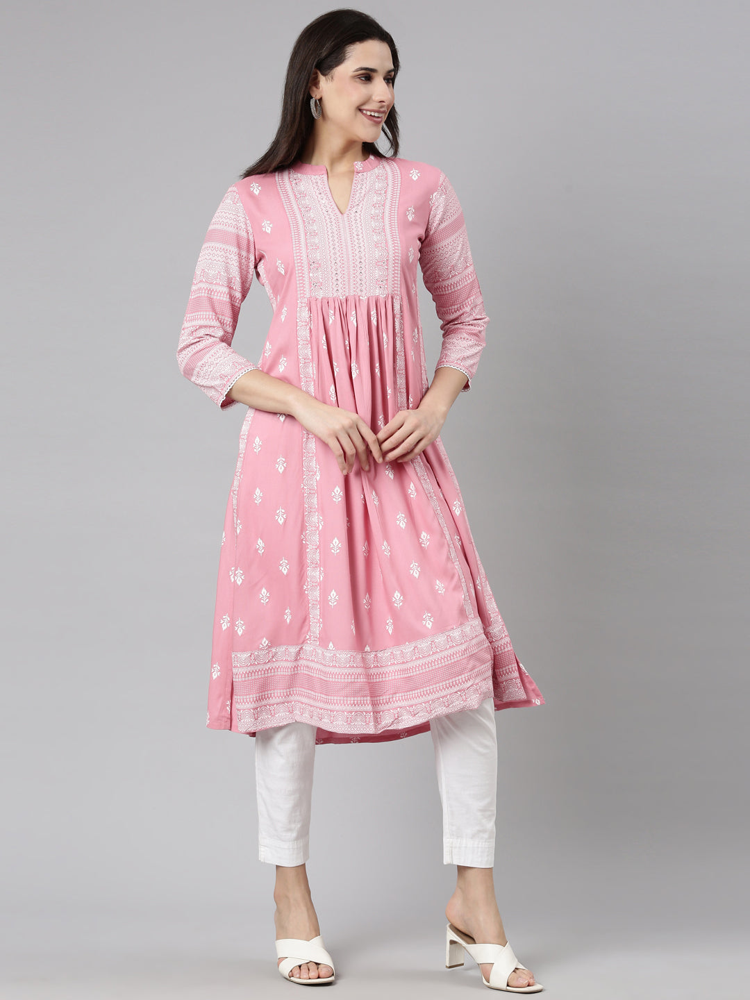 Neerus Pink jacquard woven straight kurti - back view