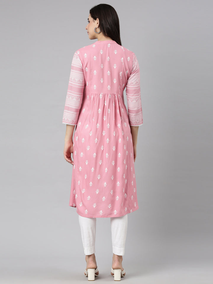 Neerus Pink jacquard woven straight kurti - side view