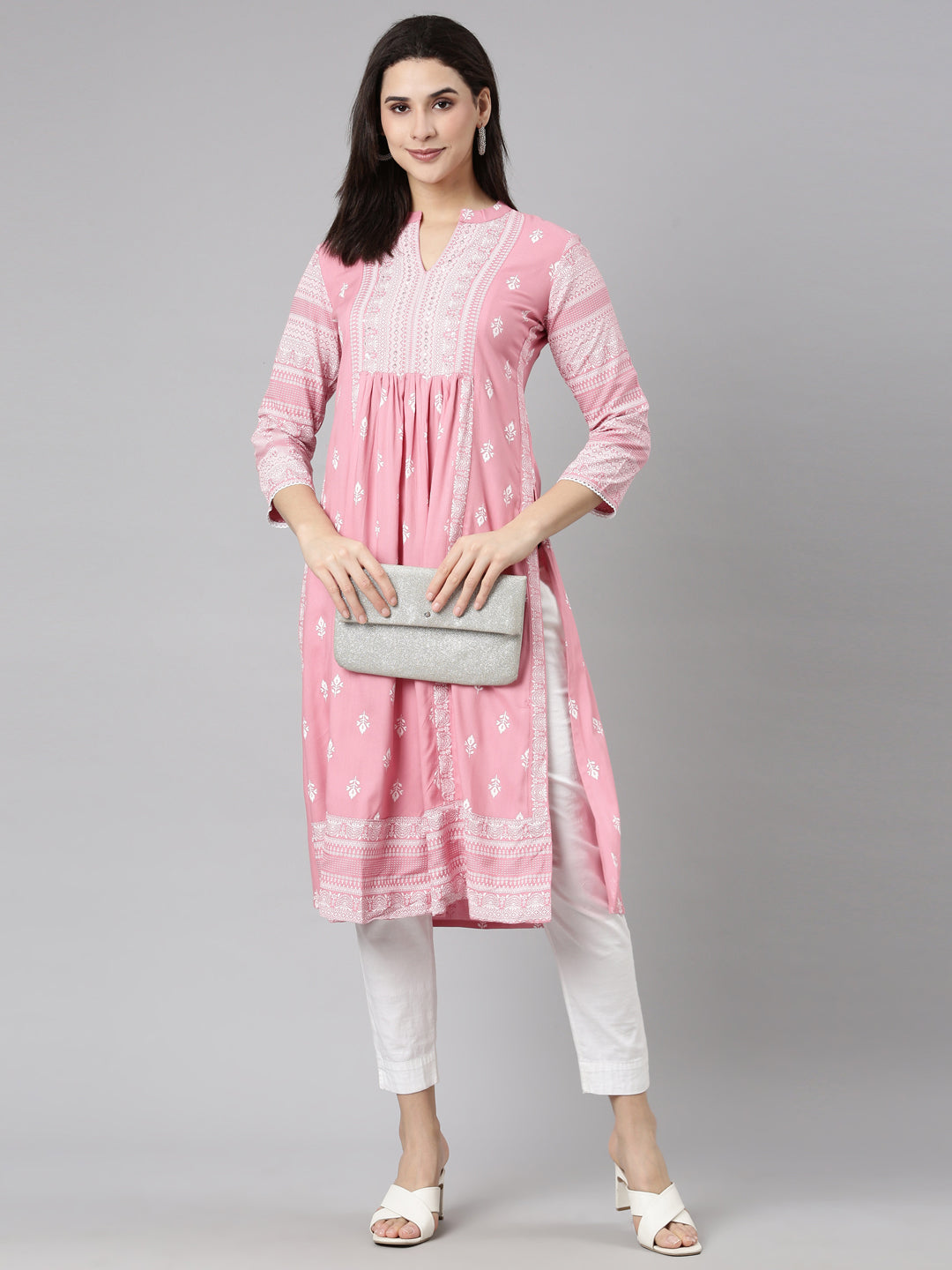 Neerus Pink jacquard woven straight kurti - detail view 1
