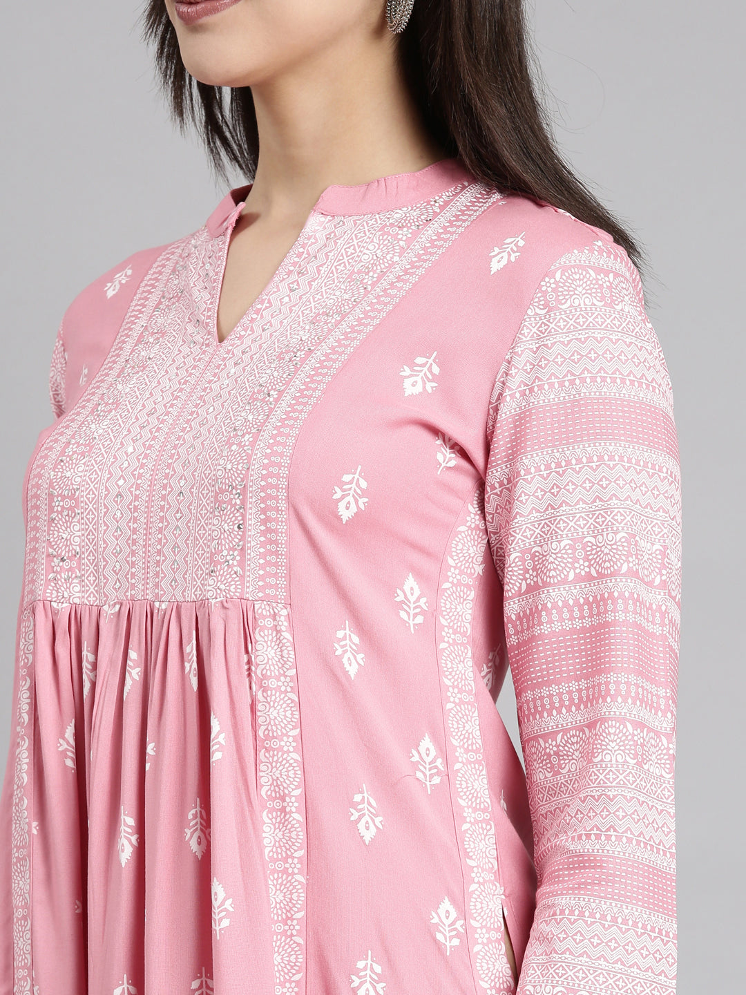 Neerus Pink jacquard woven straight kurti - detail view 2