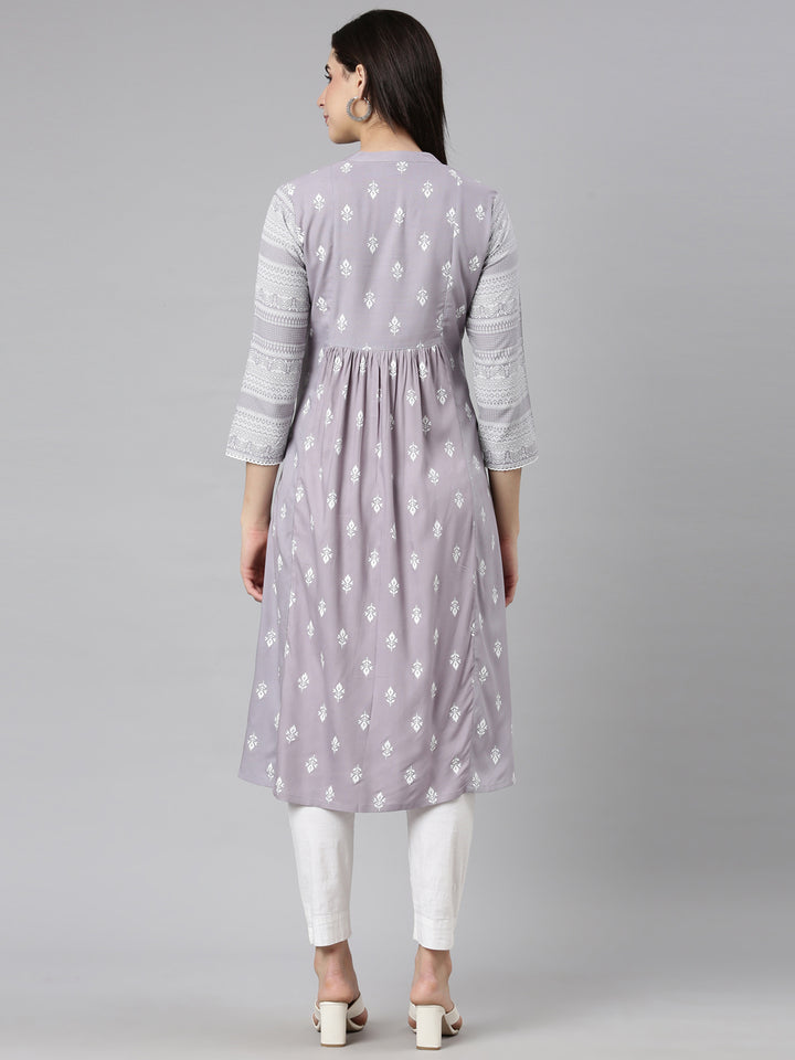 Neerus Grey Pleated Straight Woven Design Kurtas