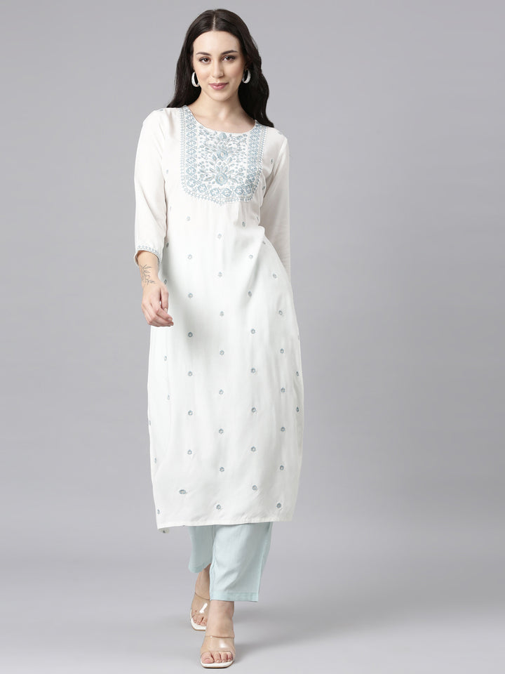Neerus Grey Straight Casual Embellished Kurtas