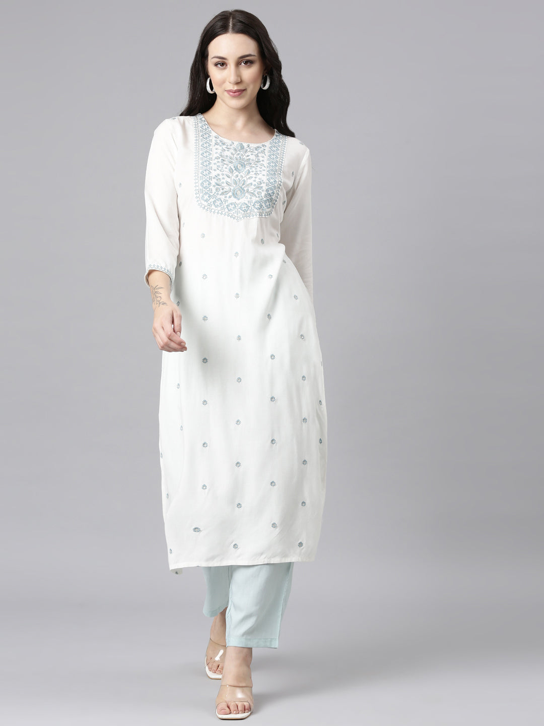 Neerus Grey Straight Casual Embellished Kurtas