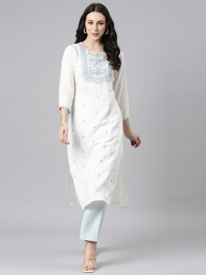 Neerus Grey Straight Casual Embellished Kurtas