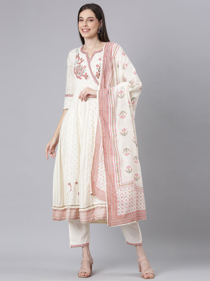 Neerus Cream Embroidered Anarkali Kurta and Trousers With Dupatta