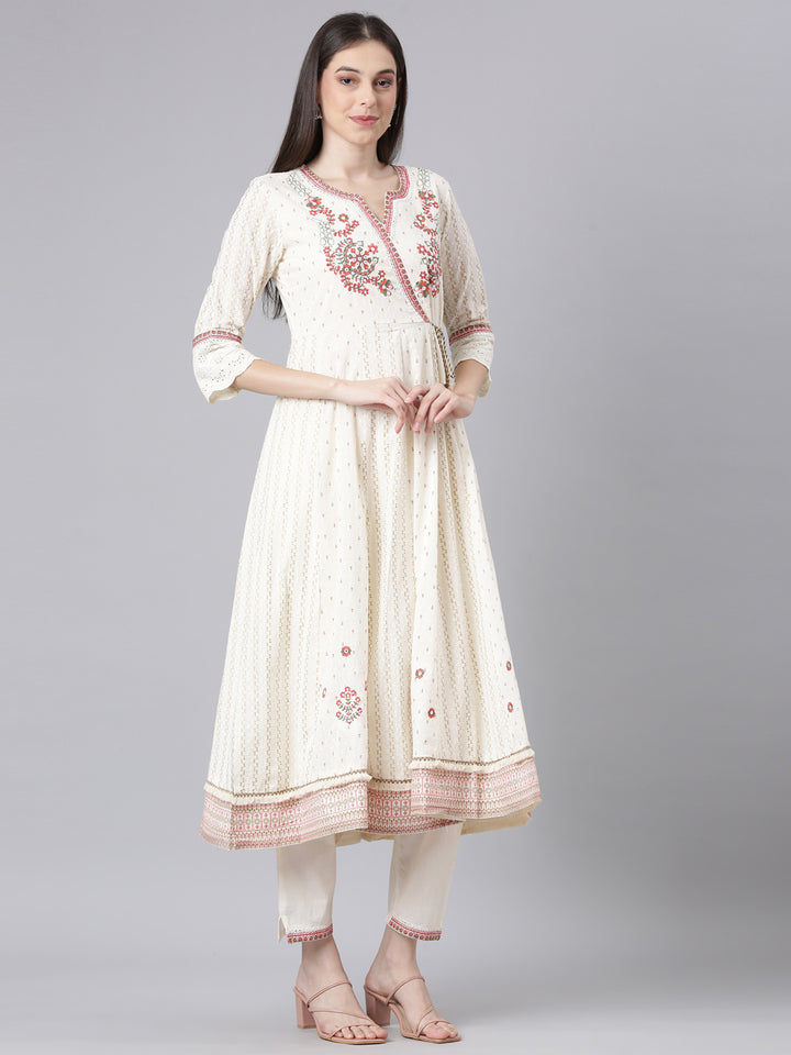Neerus Cream Embroidered Anarkali Kurta and Trousers With Dupatta