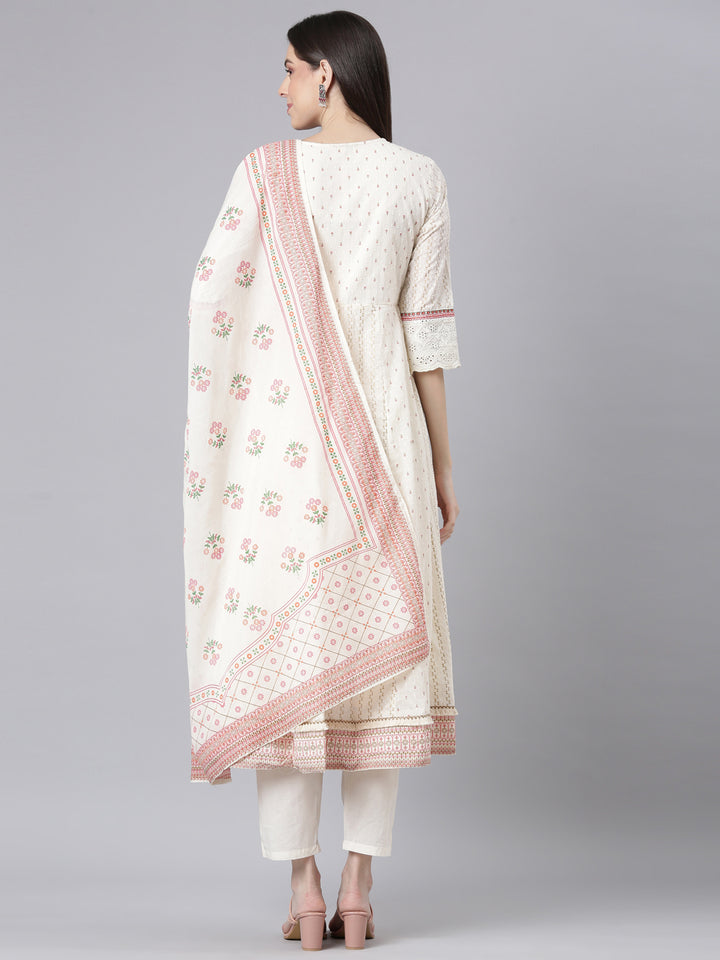 Neerus Cream Embroidered Anarkali Kurta and Trousers With Dupatta