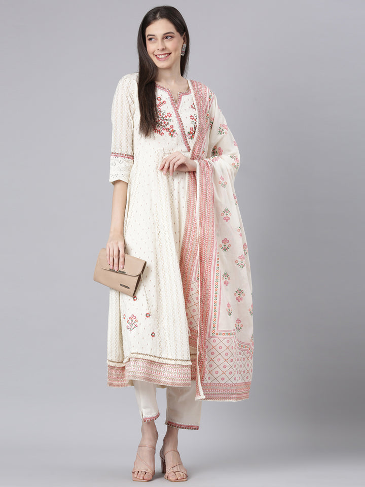 Neerus Cream Embroidered Anarkali Kurta and Trousers With Dupatta