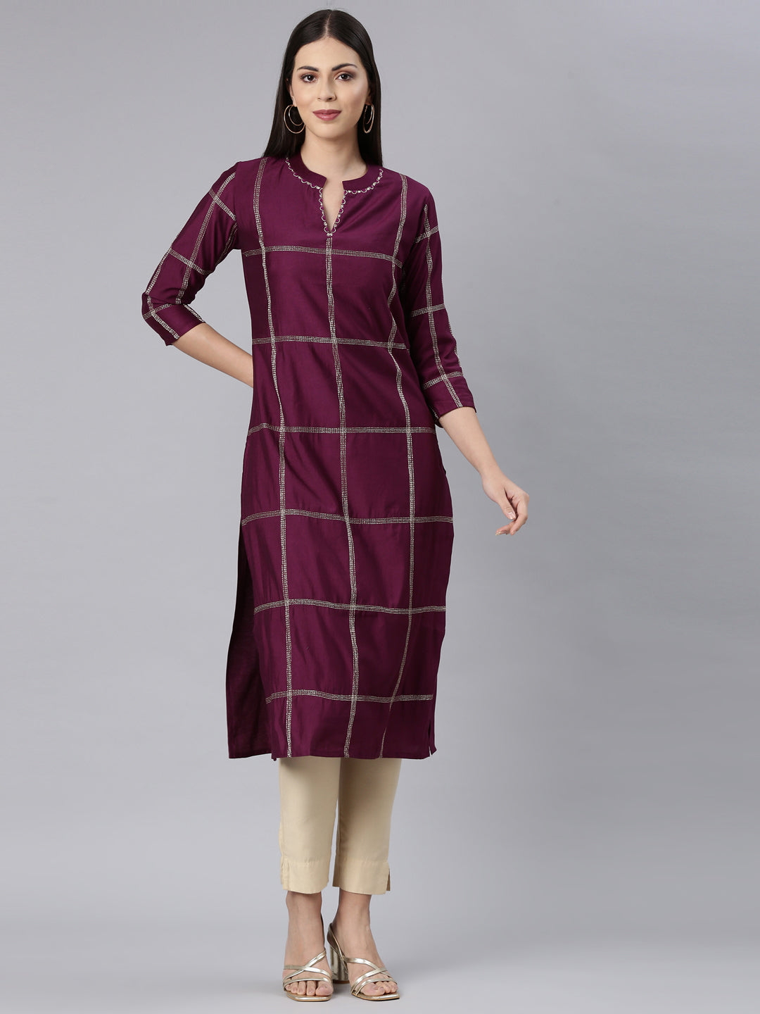 Neerus Maroon Straight Casual Solid Straight Kurta