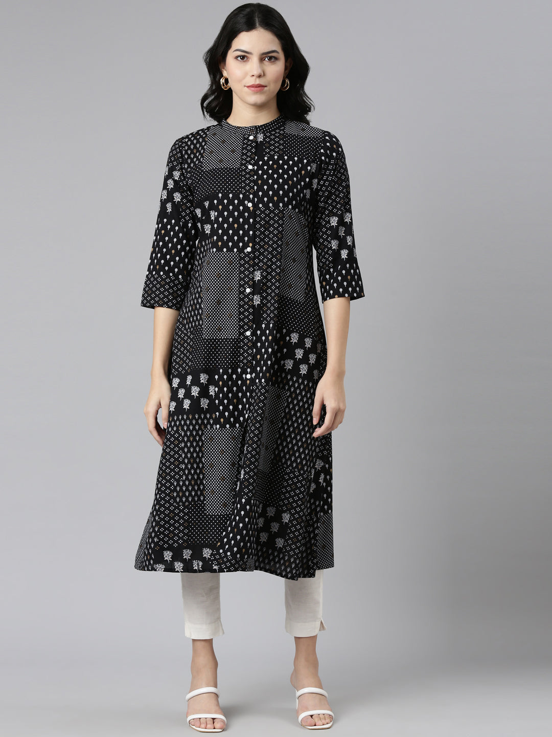 Neerus Black printed A-line kurti - front view