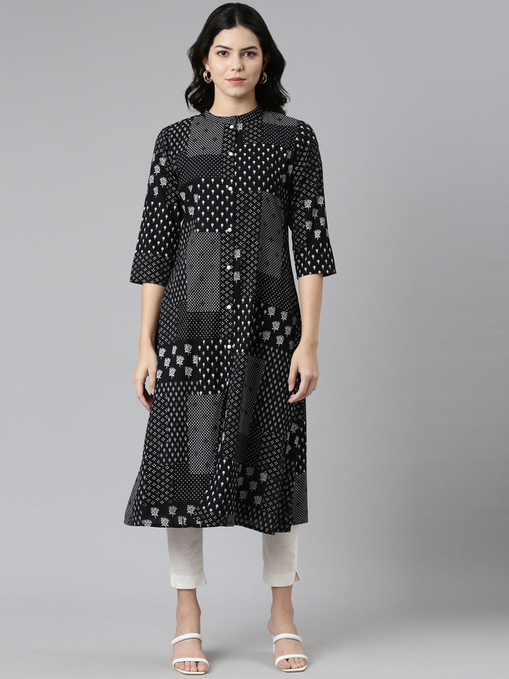 Neerus Black printed A-line kurti - front view