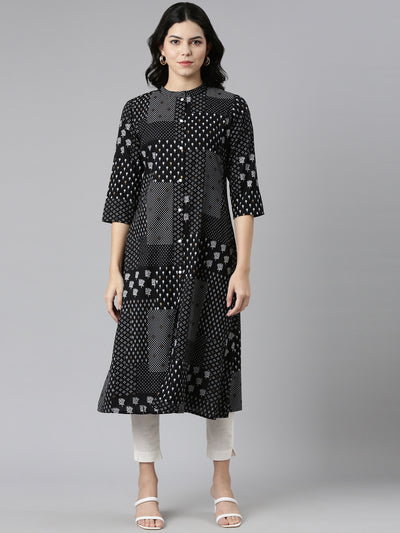 Neerus Black Regular A-Line Printed Kurtas