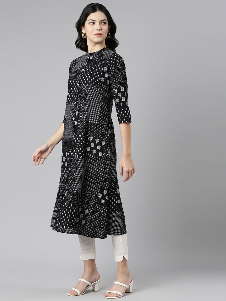 Neerus Black printed A-line kurti - back view