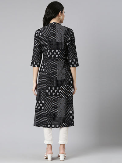 Neerus Black Regular A-Line Printed Kurtas