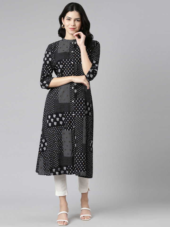 Neerus Black printed A-line kurti - detail view 2
