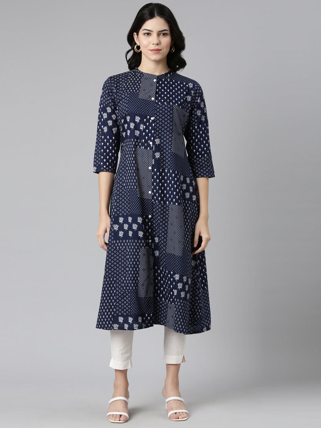 Neerus Blue printed A-Line kurti - front view