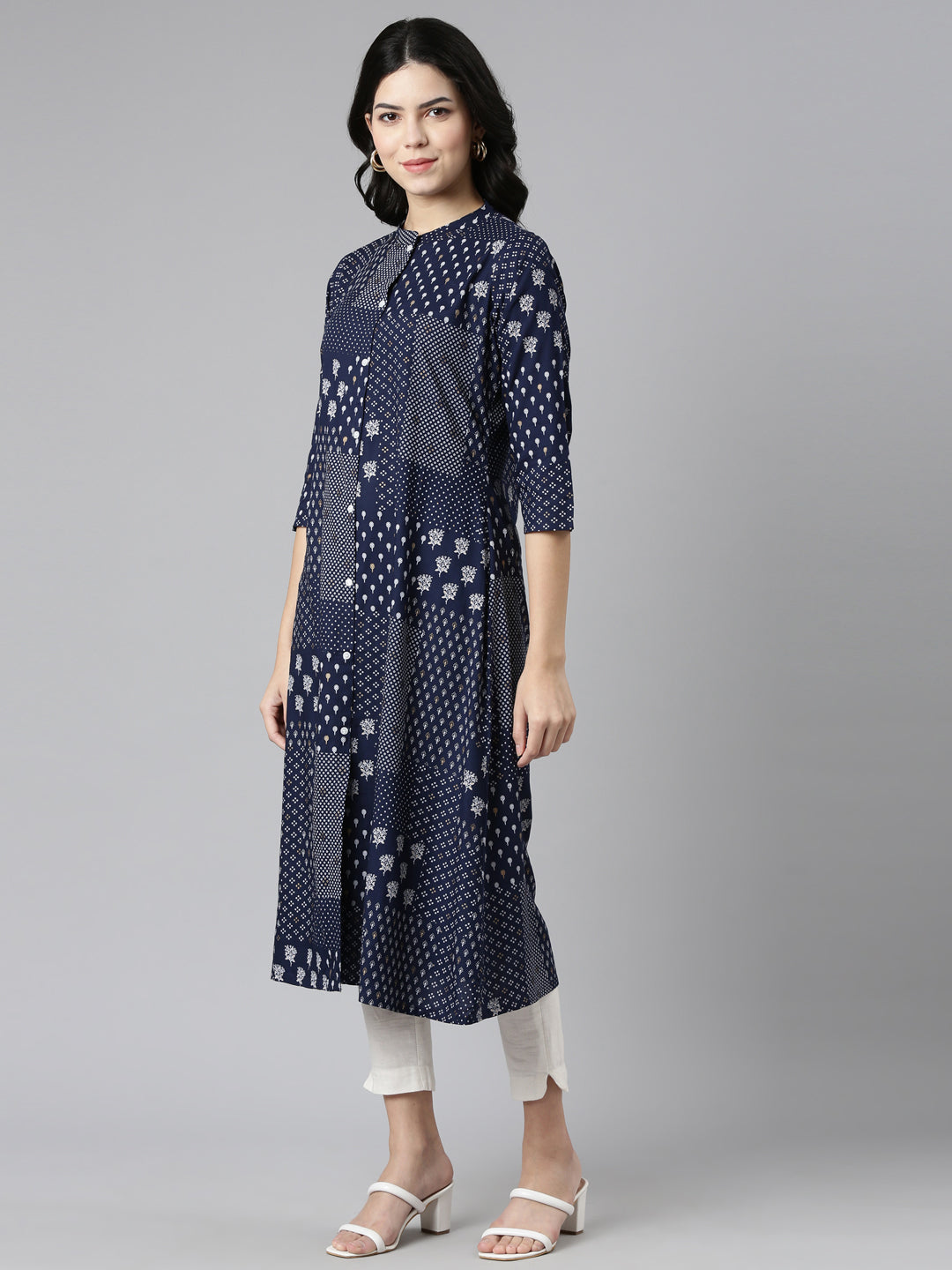 Neerus Navy Blue Regular A-Line Printed Kurtas
