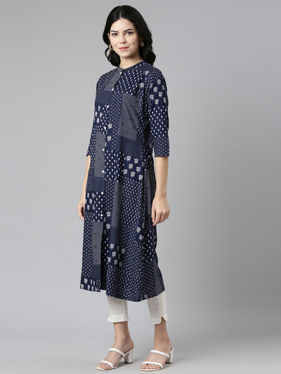 Neerus Navy Blue Regular A-Line Printed Kurtas