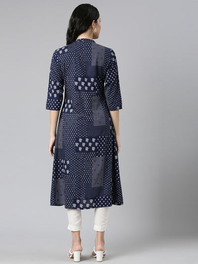 Neerus Navy Blue Regular A-Line Printed Kurtas
