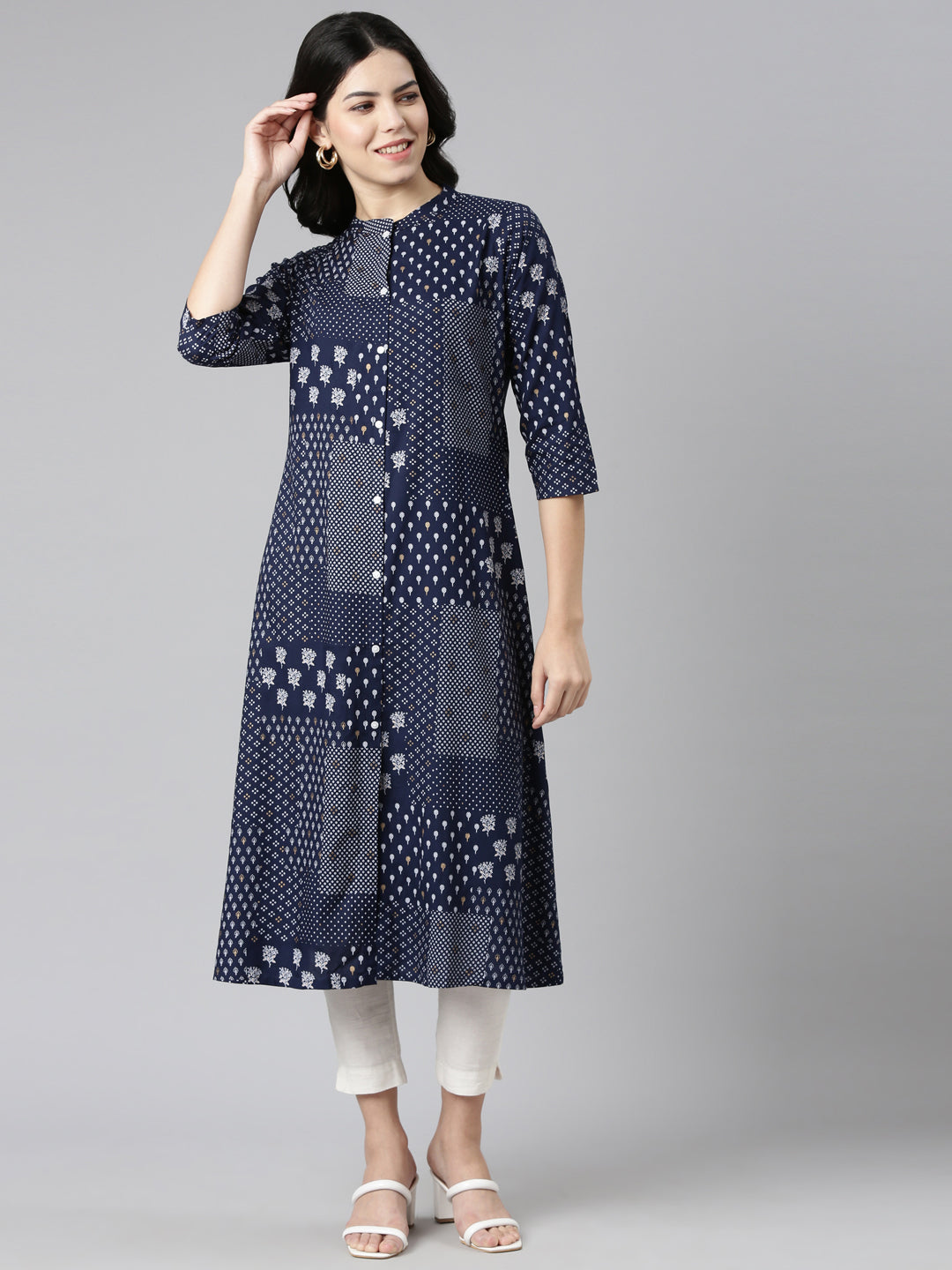 Neerus Blue printed A-Line kurti - detail view 2