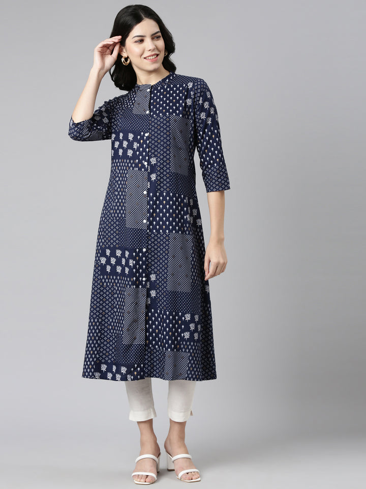 Neerus Blue printed A-Line kurti - detail view 2