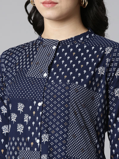 Neerus Navy Blue Regular A-Line Printed Kurtas
