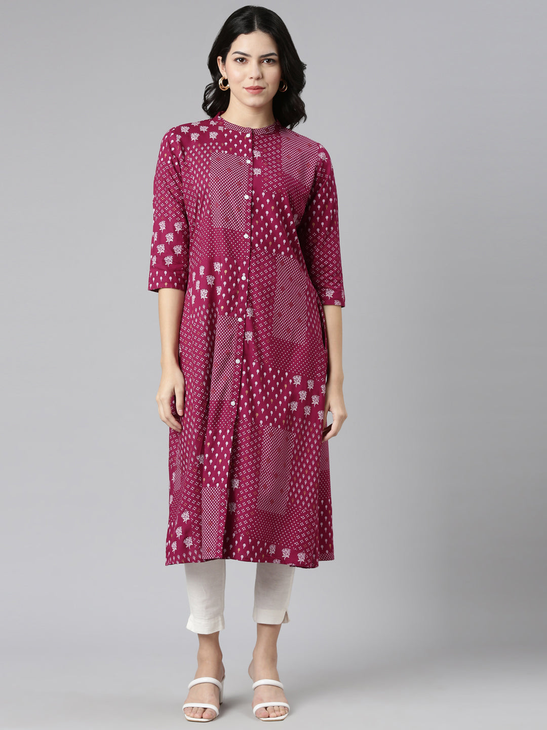 Neerus Purple printed A-line kurti - front view