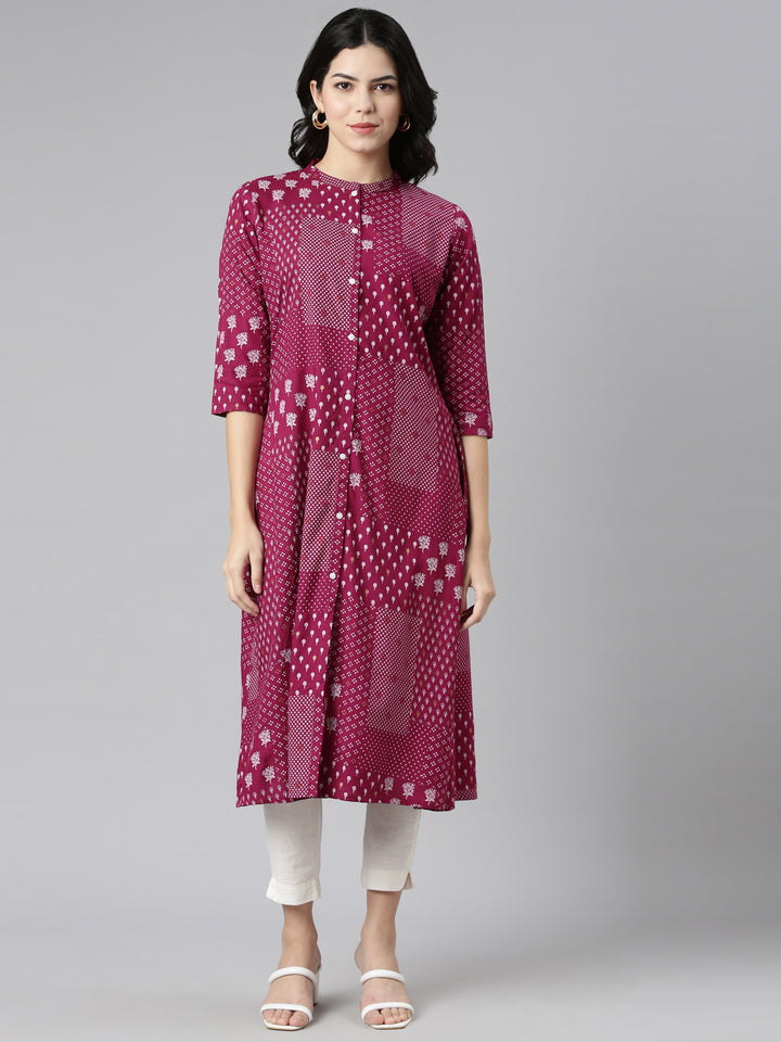 Neerus Purple printed A-line kurti - front view