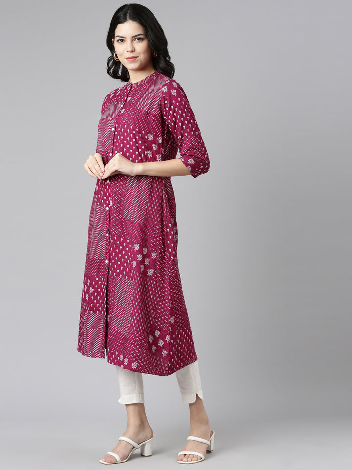 Neerus Purple printed A-line kurti - back view
