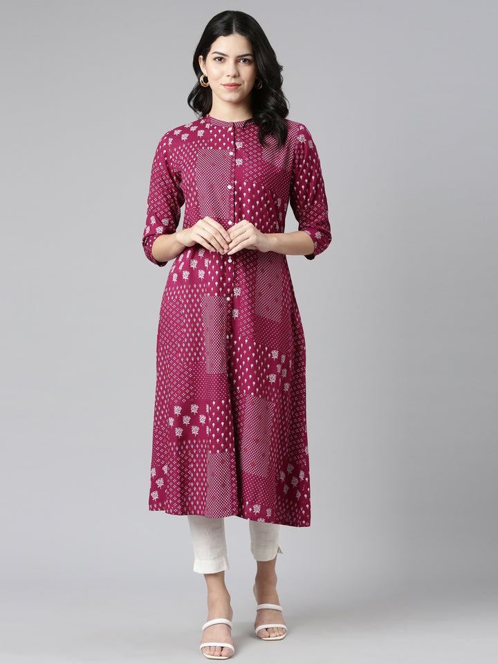 Neerus Purple printed A-line kurti - detail view 2