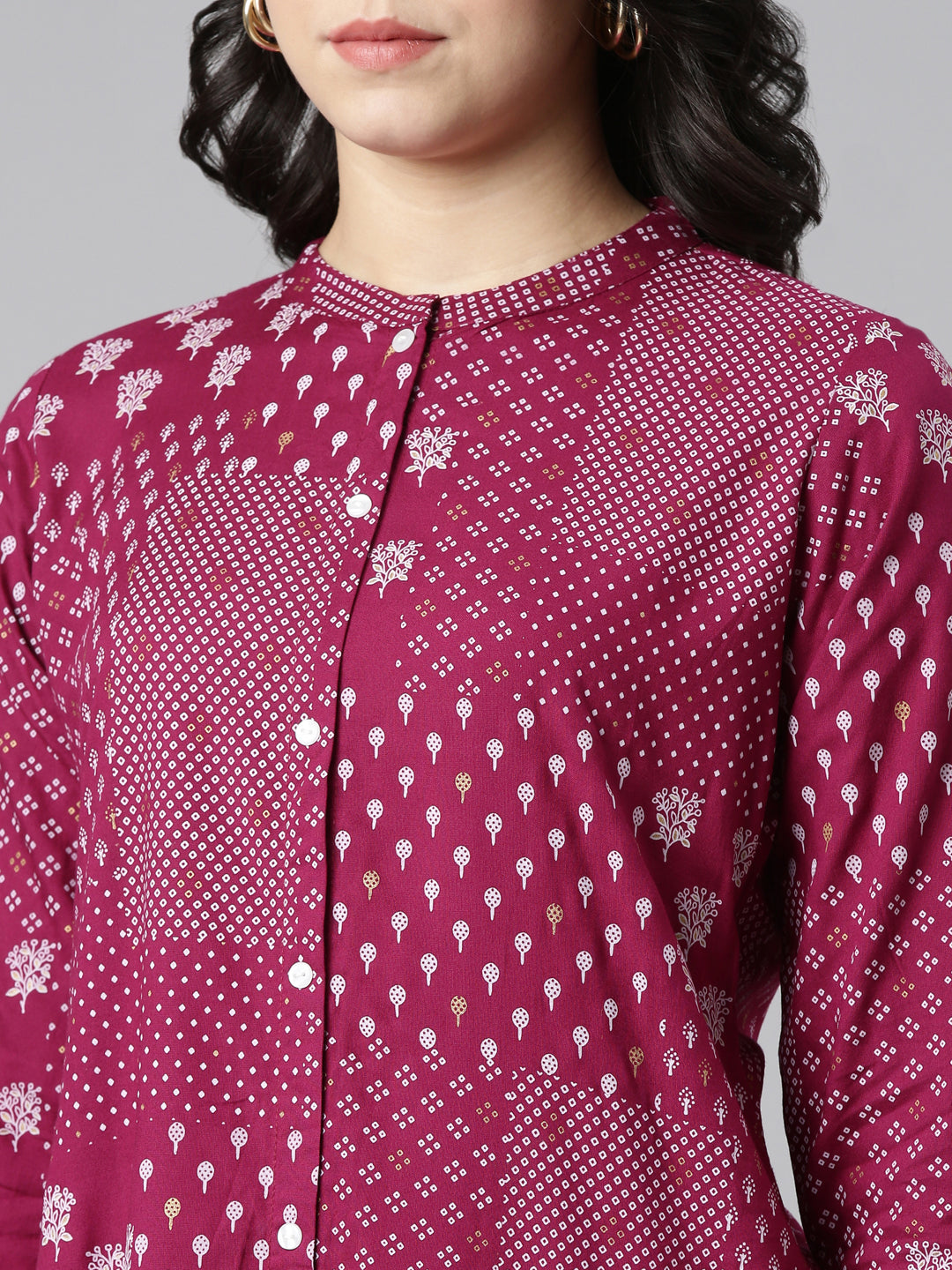 Neerus Purple printed A-line kurti - detail view 1