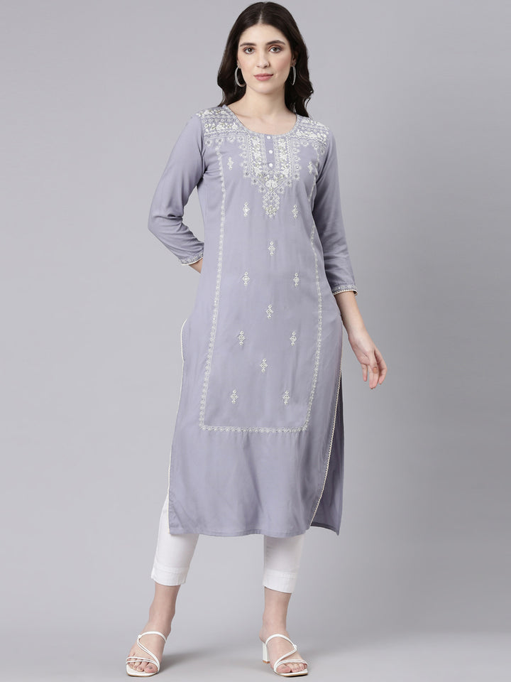 Neerus Grey rayon embroidered straight kurti - front view