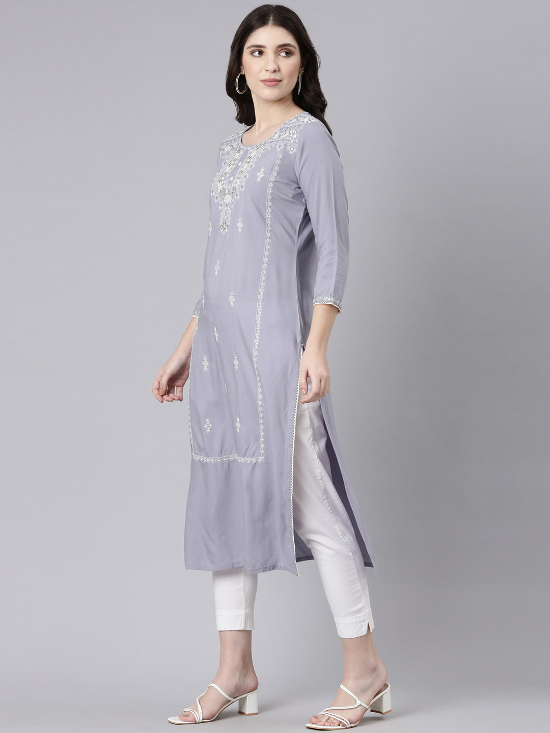Neerus Grey rayon embroidered straight kurti - back view