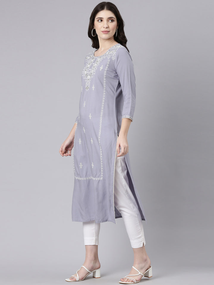 Neerus Grey rayon embroidered straight kurti - back view