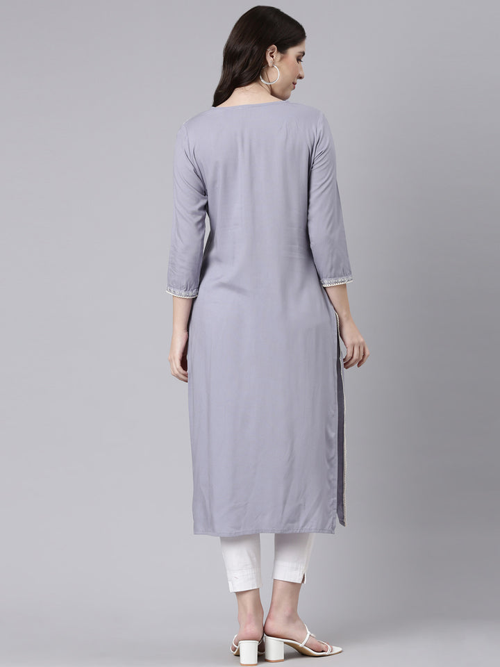 Neerus Grey rayon embroidered straight kurti - side view