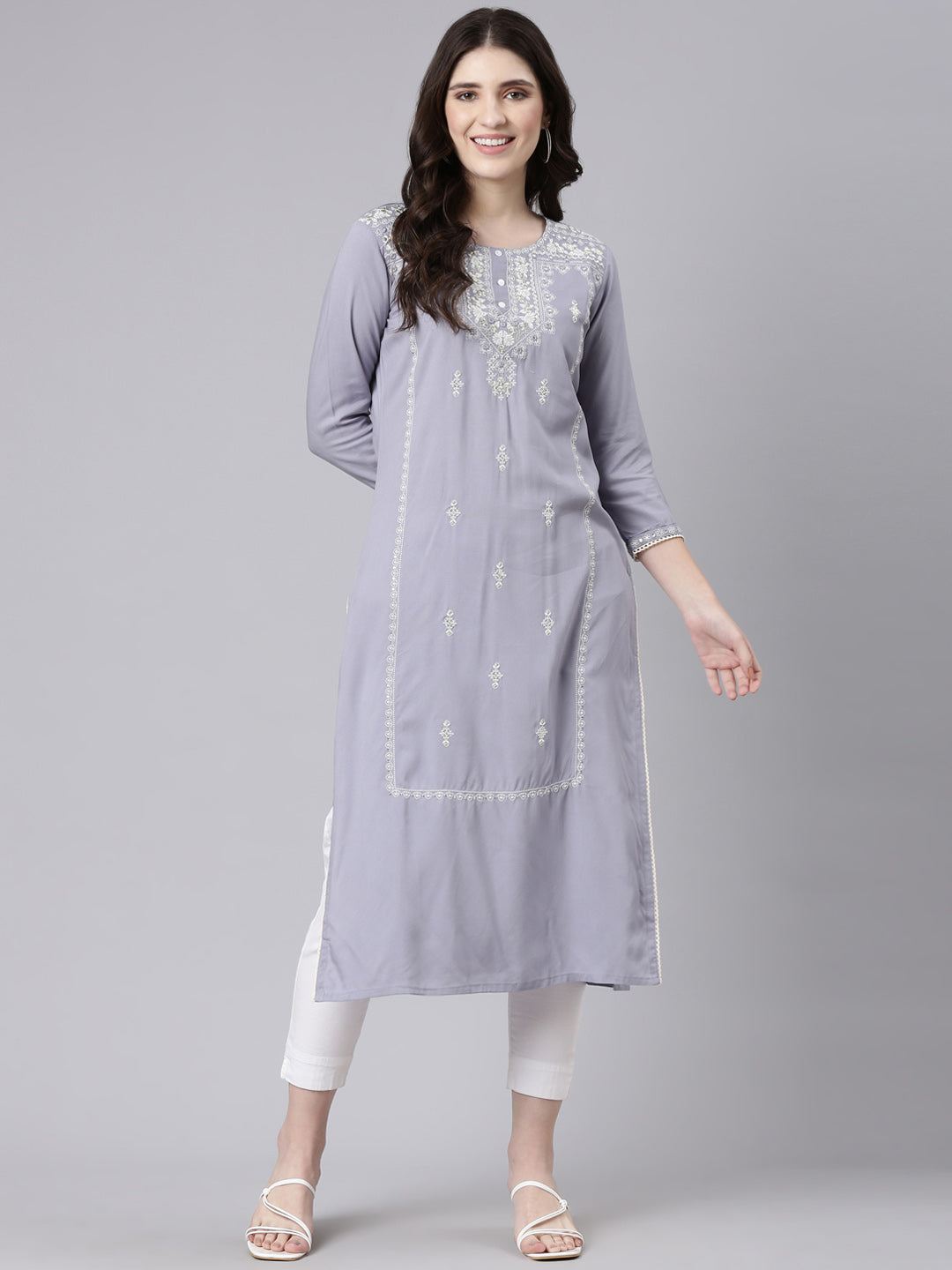 Neerus Grey rayon embroidered straight kurti - detail view 2