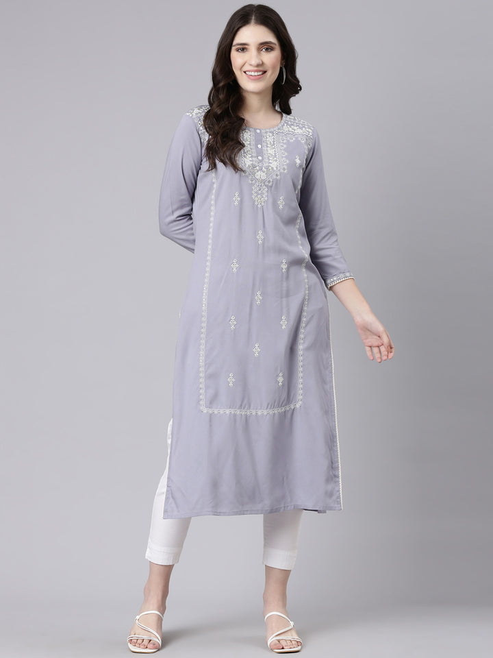 Neerus Grey rayon embroidered straight kurti - detail view 2