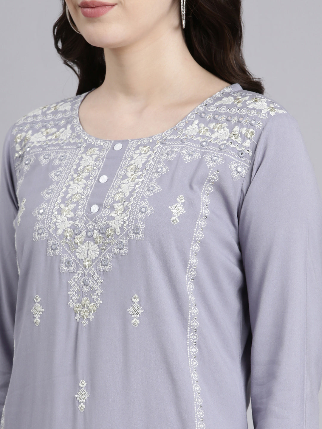 Neerus Grey rayon embroidered straight kurti - detail view 1