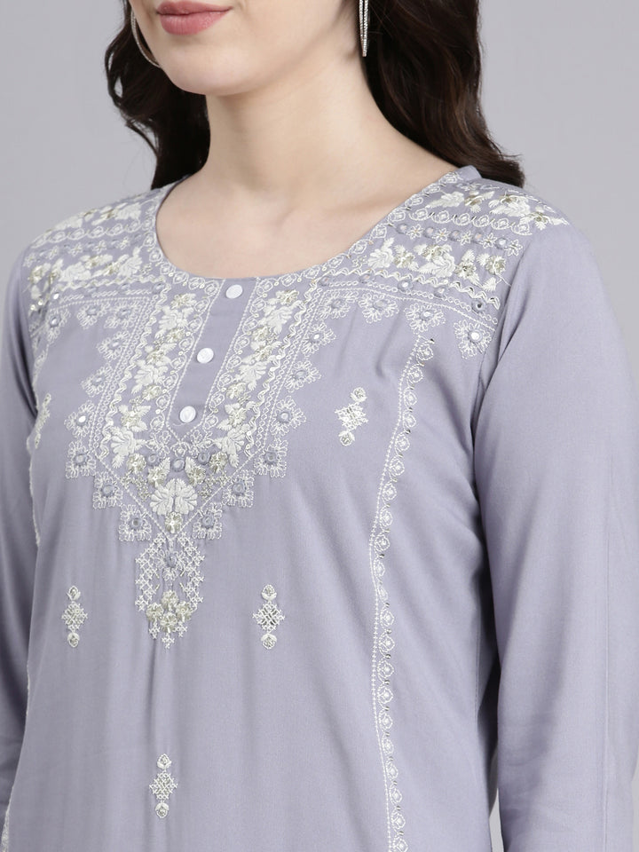 Neerus Grey rayon embroidered straight kurti - detail view 1