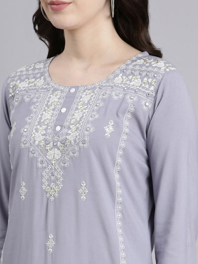 Neerus Grey Regular Straight Embroidered Kurtas
