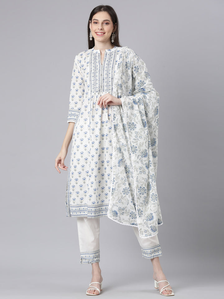 Neerus Blue Printed Straight Kurta and Trousers With Dupatta