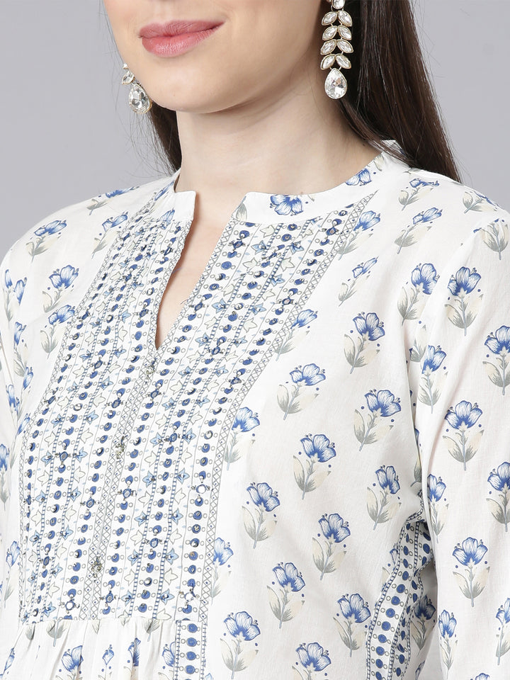Neerus Blue Printed Straight Kurta and Trousers With Dupatta