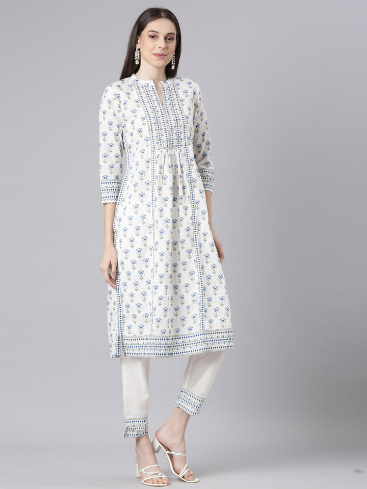 Neerus Blue Printed Straight Kurta and Trousers With Dupatta
