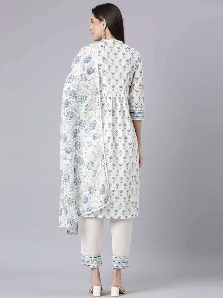 Neerus Blue Printed Straight Kurta and Trousers With Dupatta